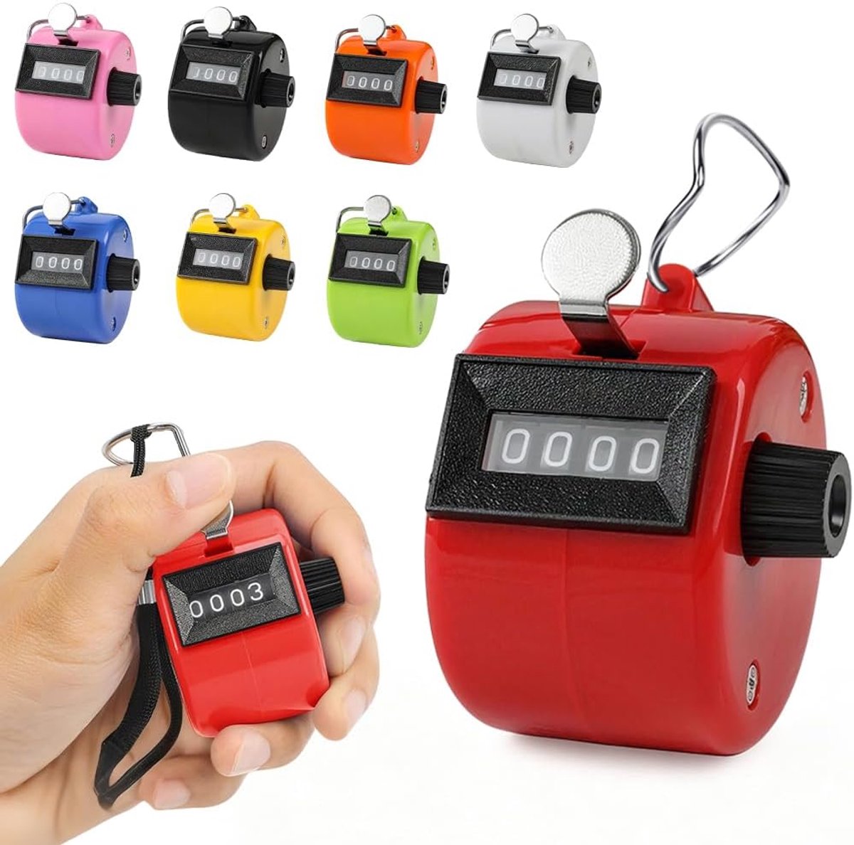 8 stuks handtellers, klikteller, personenteller, rijteller, gebreid, van ABS, batterijloos met metalen ring, voor golf, breien, coaching, fitness, sport, 8 kleuren