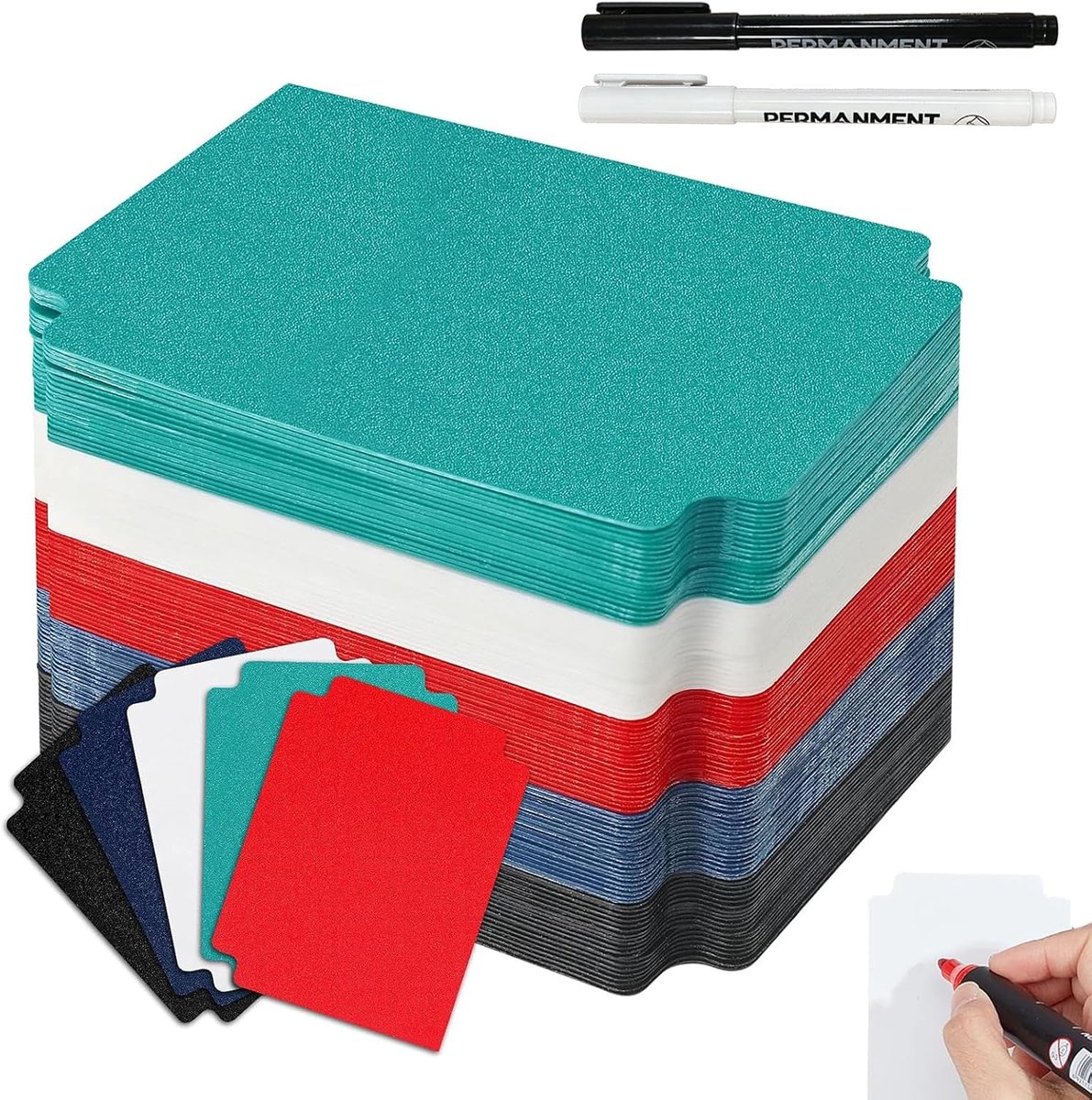 95 x 70 mm kaartenscheider, 100 stuks kunststof kaartenscheider, kaarten sorteerlabels, met 2 markeerstiften, voor spellen sport, mappen (5 kleuren)