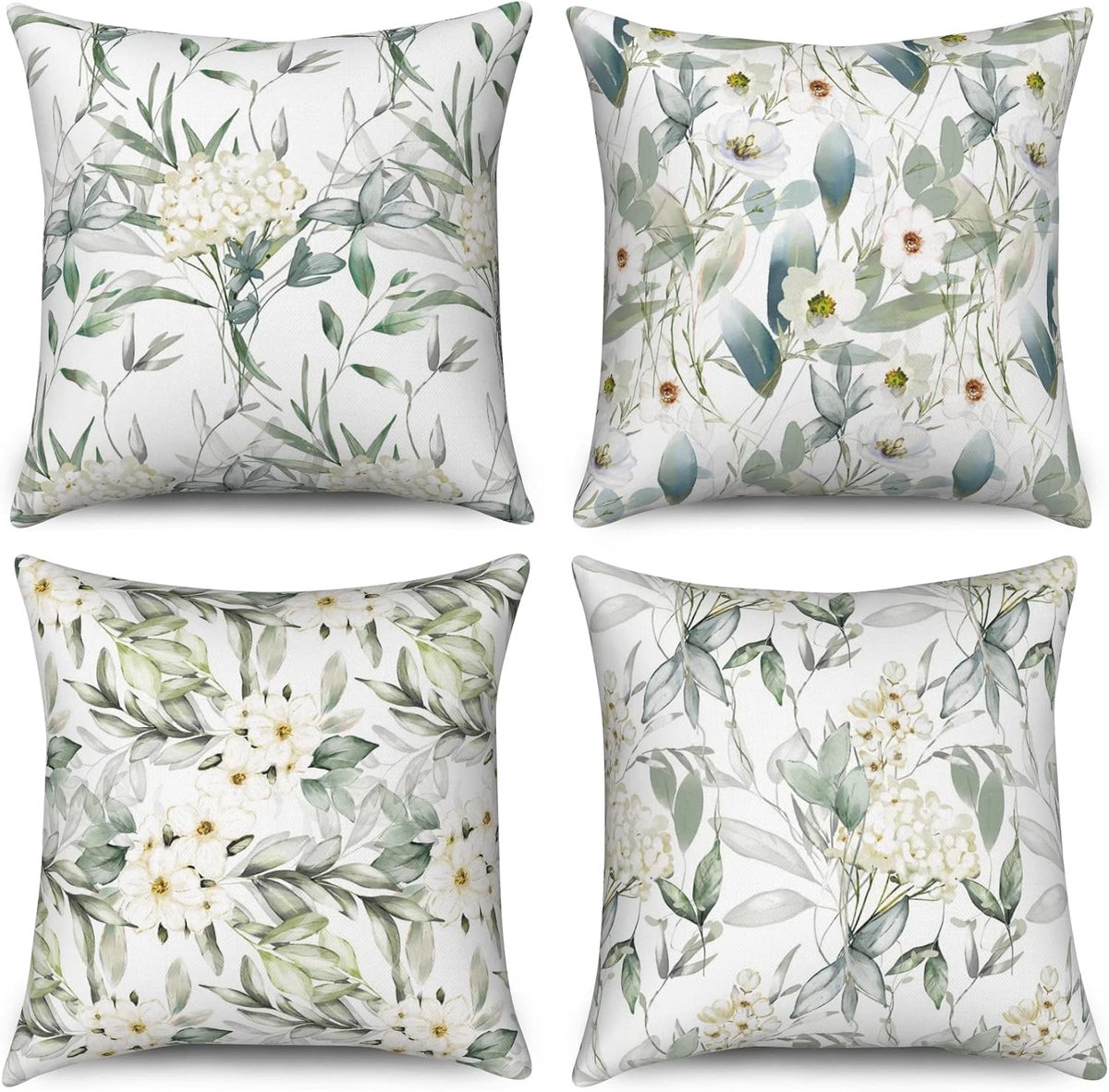 Kussenhoezen 40 x 40 cm Set van 4 - Sage Green - Watercolor bloemen en bladeren - Decoratief voor sofa en bed - SnelShoppen