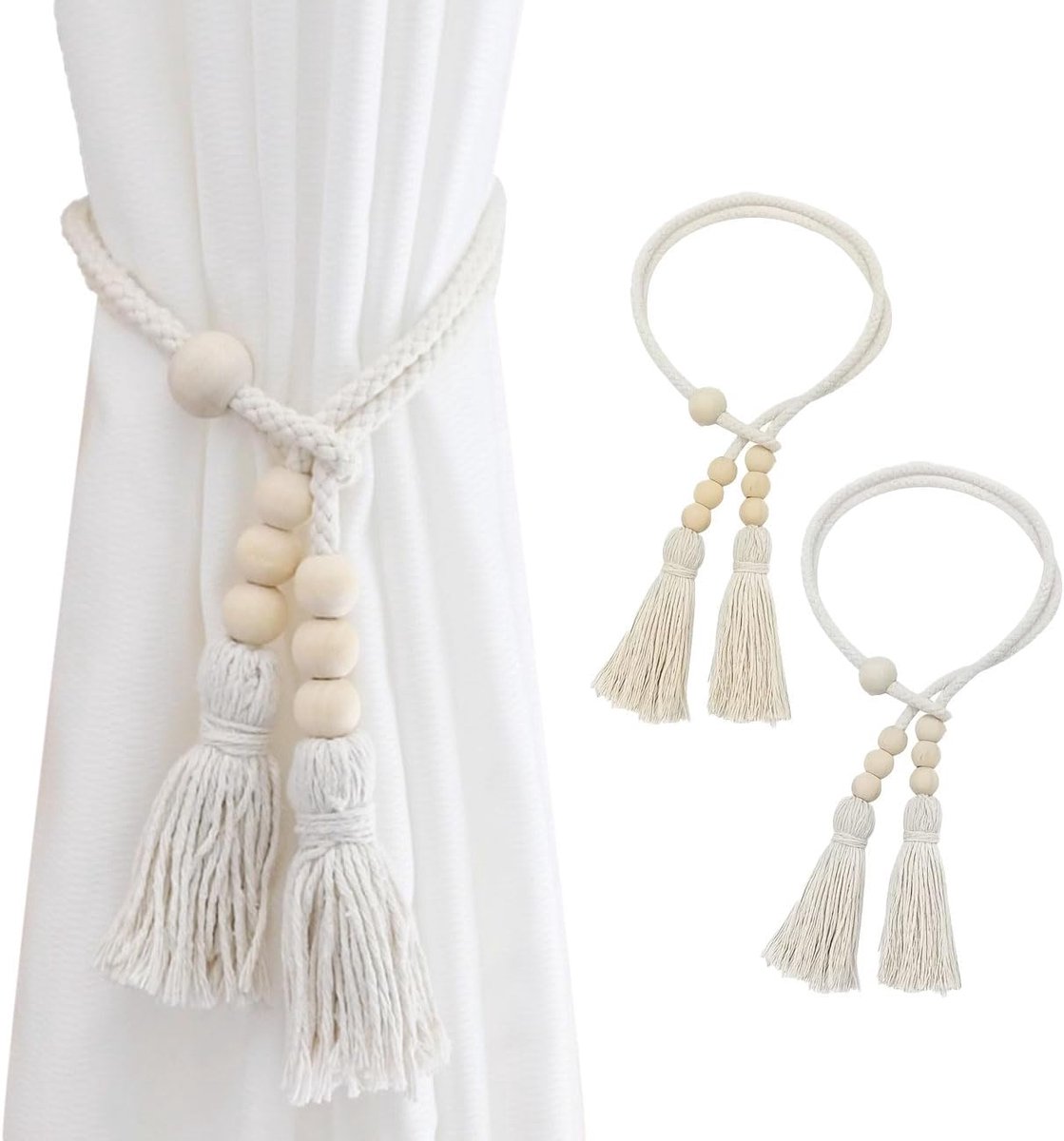 Gordijnbinders 2 Stuks - Boho Tassel - Handgeweven Touw met Houten Kralen - Verander eenvoudig je interieur - ShopVlot