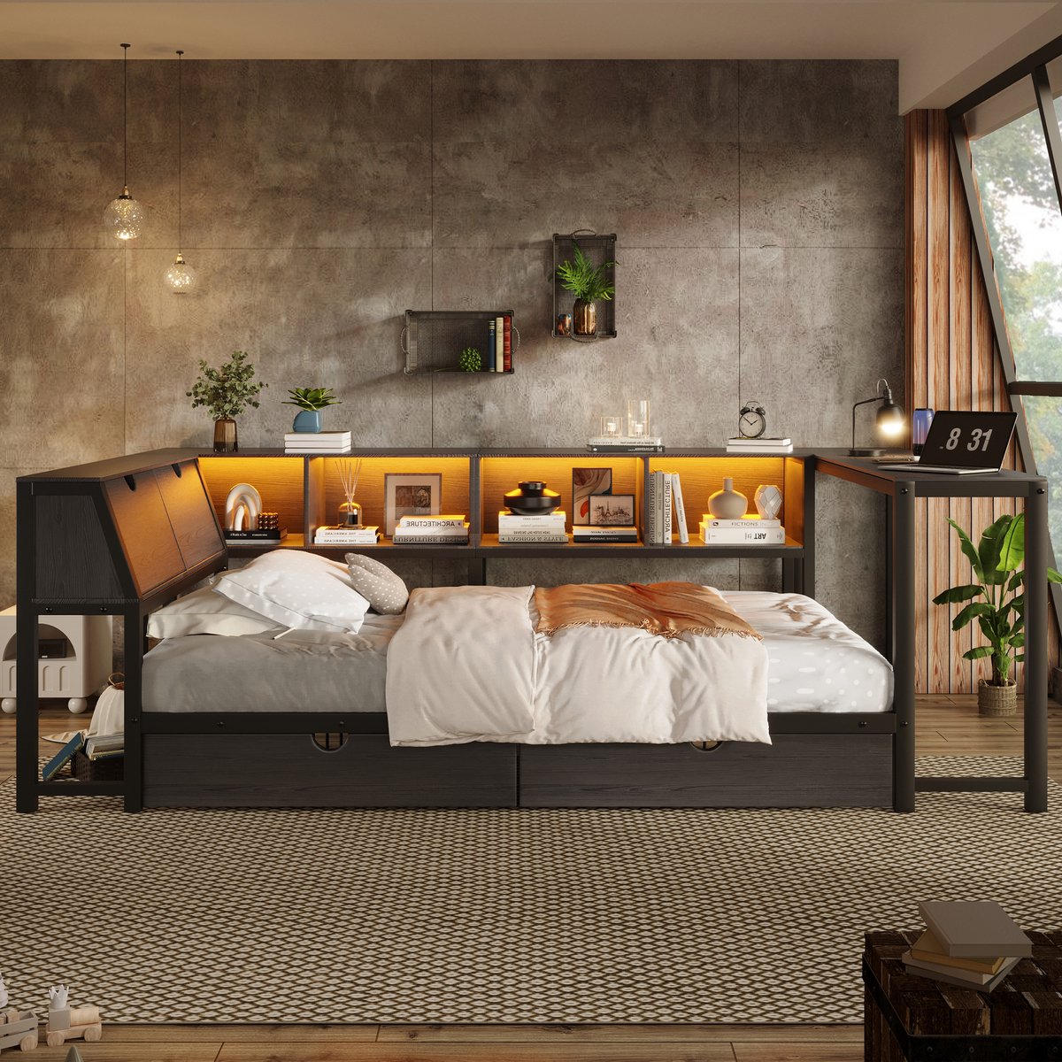 MIVRAY Normaal Bed 90x200 Cm - Multifunctioneel Bed Met Opberghoofdbord, Ledverlichting, Bureau En Lades - Metaal En Mdf - Zwart Zonder Matras
