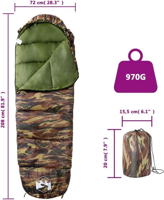 Mummieslaapzak - Kampeerslaapzak Volwassenen - Outdoor Avonturen - Waterdicht Vochtbestendig - 208 x 72 cm - Camouflage — afbeelding 5