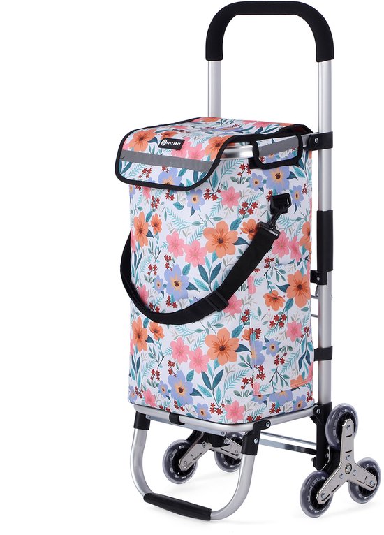 Boodschappentrolley met bloemenprint, zilverkleurig frame, handvat en drie sets wielen.