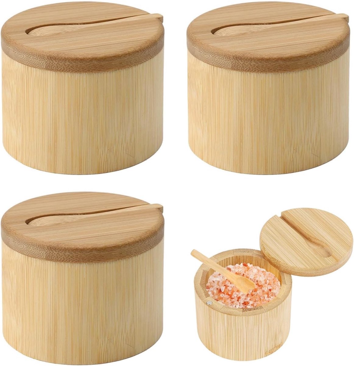 Zoutkommen set van 3 - bamboe - met deksel en lepel - ideaal voor kruidenopslag - ShopVlot