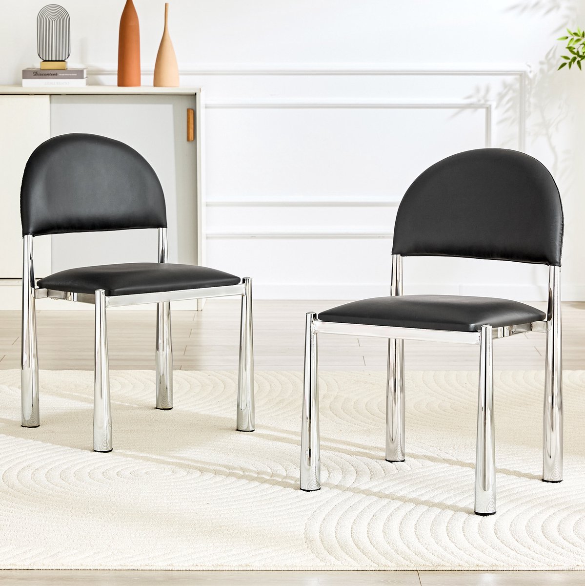 Set Van 2 Moderne Eetkamerstoelen - Halfronde Gepolsterde Rugleuning - Voor Eetkamer En Keuken - Kunstleer - Zwart
