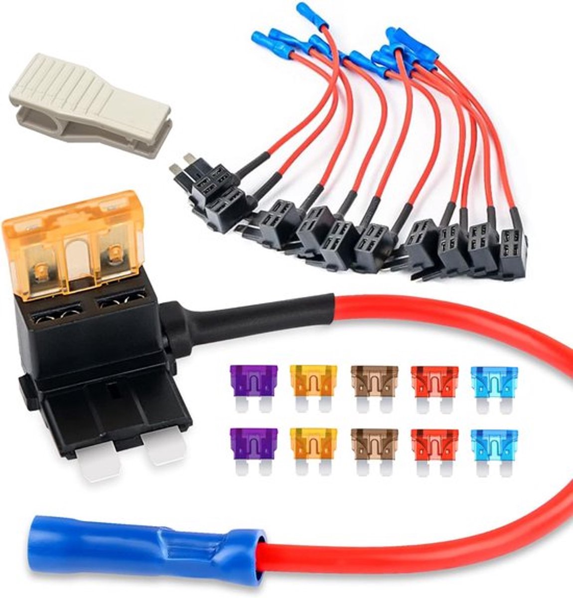10 stuks 12-24V Auto Add-a-Circuit Fuse TAP Adapter Standaard APR ATO ATC Bladzekering Set voor Auto's Vrachtwagens Botens met 3/5/7.5/10/15Amp Zekering