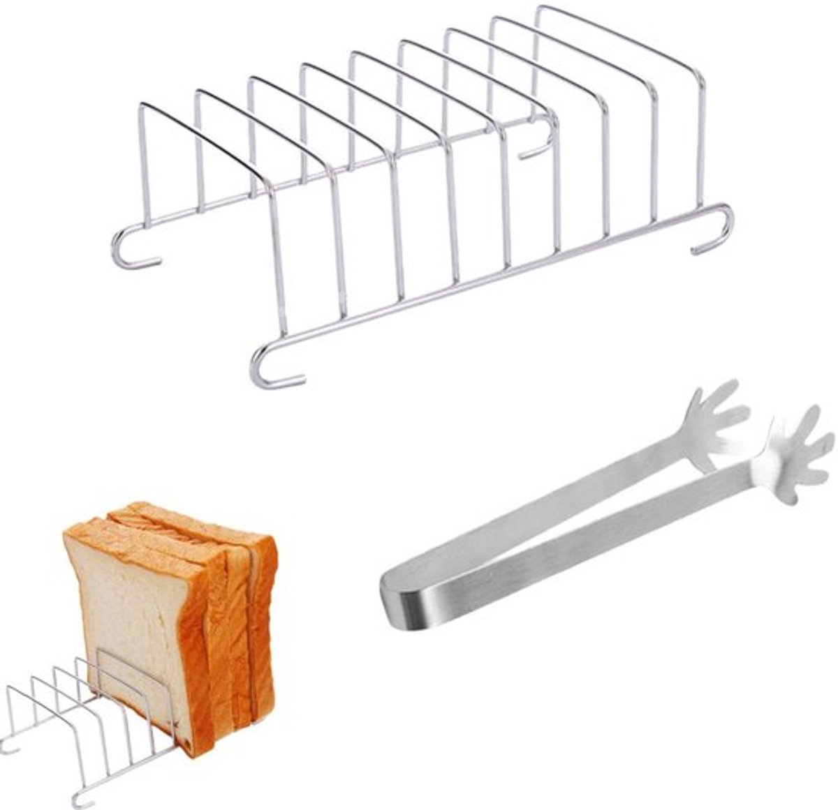 1 stuk – Toastrek – Broodrek – Toasthouder – Toastkoelrek – Met mini-voedseltangetjes – Gemakkelijk koelen – Accessoire voor airfryer – Zilver – 15,5 × 8,5 cm – Geschikt voor ontbijt, restaurants, cafés of thuisgebruik
