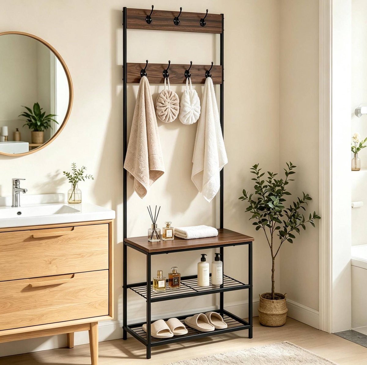 Kledingrek Met Opbergbank En Schoenenrek – 7 Dubbele Haken En 2 Niveaus – 60 X 30 X 170 Cm – Metaal En Hout – Donker Hout – Voor Gang En Slaapkamer