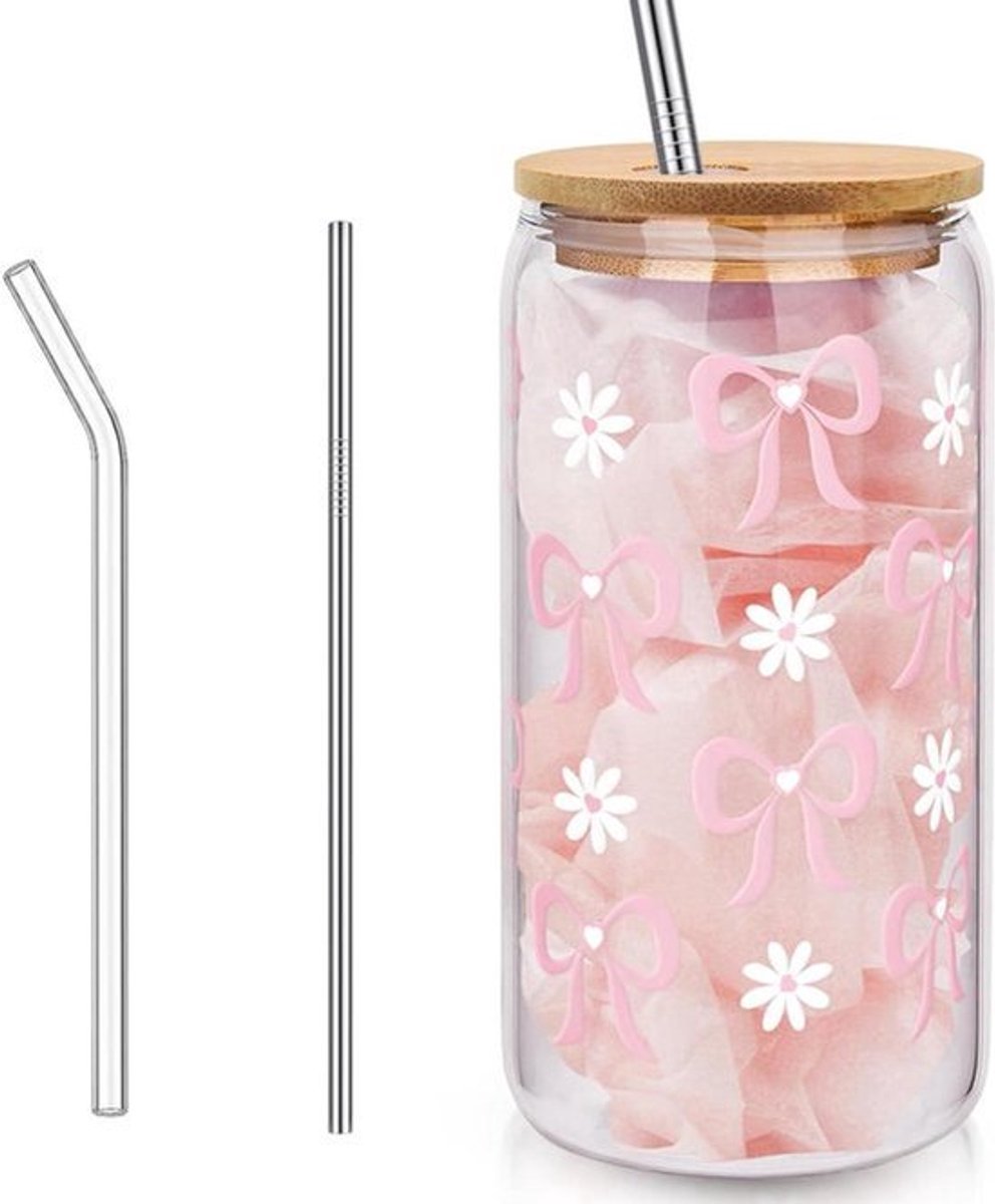 Aesthetic Clean Girl drinkglas met deksel en rietje