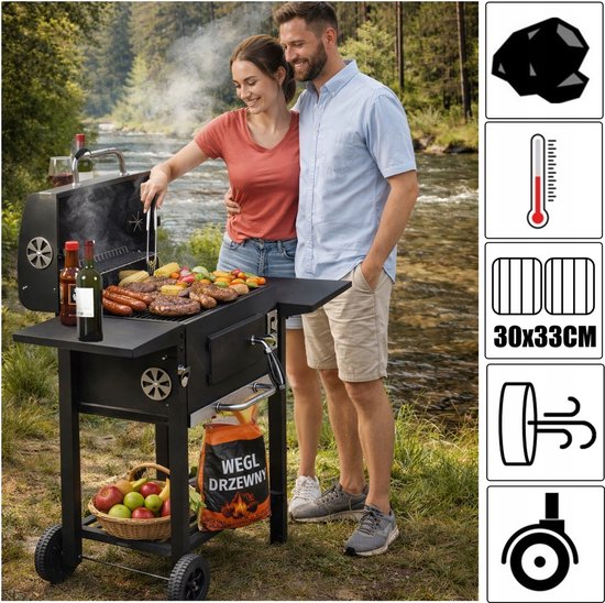 Merkloos XXL Koolgrill met Deksel, Thermometer en Wielen — afbeelding 2