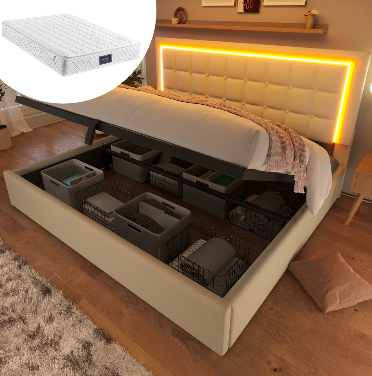 REDOM Bed - LED-verlichting en opbergruimte - Gestoffeerd frame met lattenbodem - Inclusief matras - Modern - Slaapkamer - Kunstleer - Wit - 213 x 166 x 95-105 cm