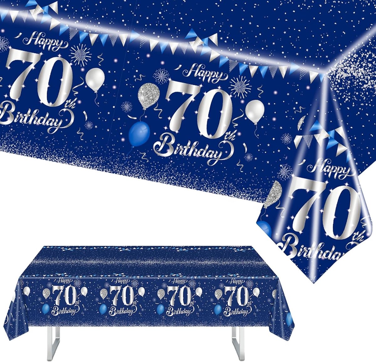 Verjaardagstafelkleed 70 - Marineblauw en Zilver - 54x108 Inch - Waterdicht voor Feest - SnelShoppen