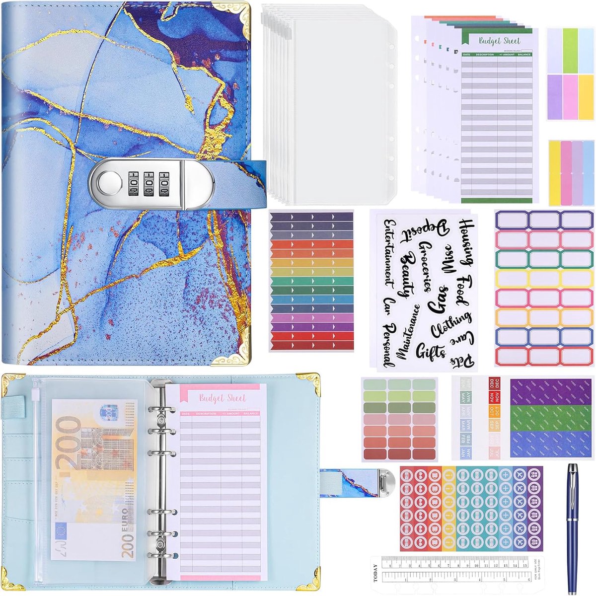 Budget binder met combinatielock - blauw - inclusief budgetbladen en stickers - organiseer je financiën - SnelShoppen