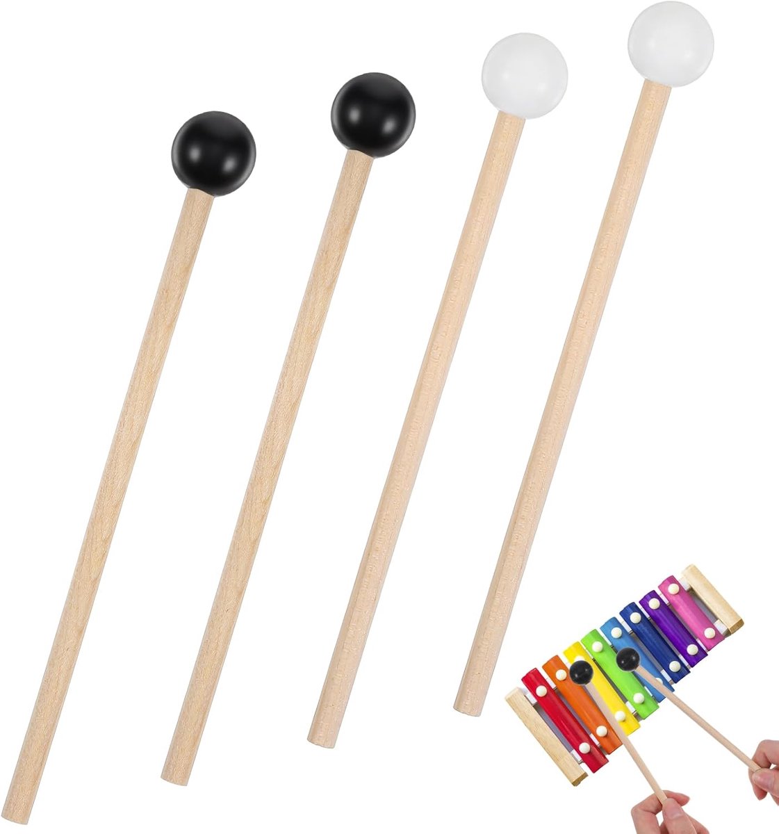 SnelShoppen - 2 paar rubber xylophone hamer met houten handvat, percussiestokken, houten hamers voor kinderen, ritmestokken rubberen drumstokken voor