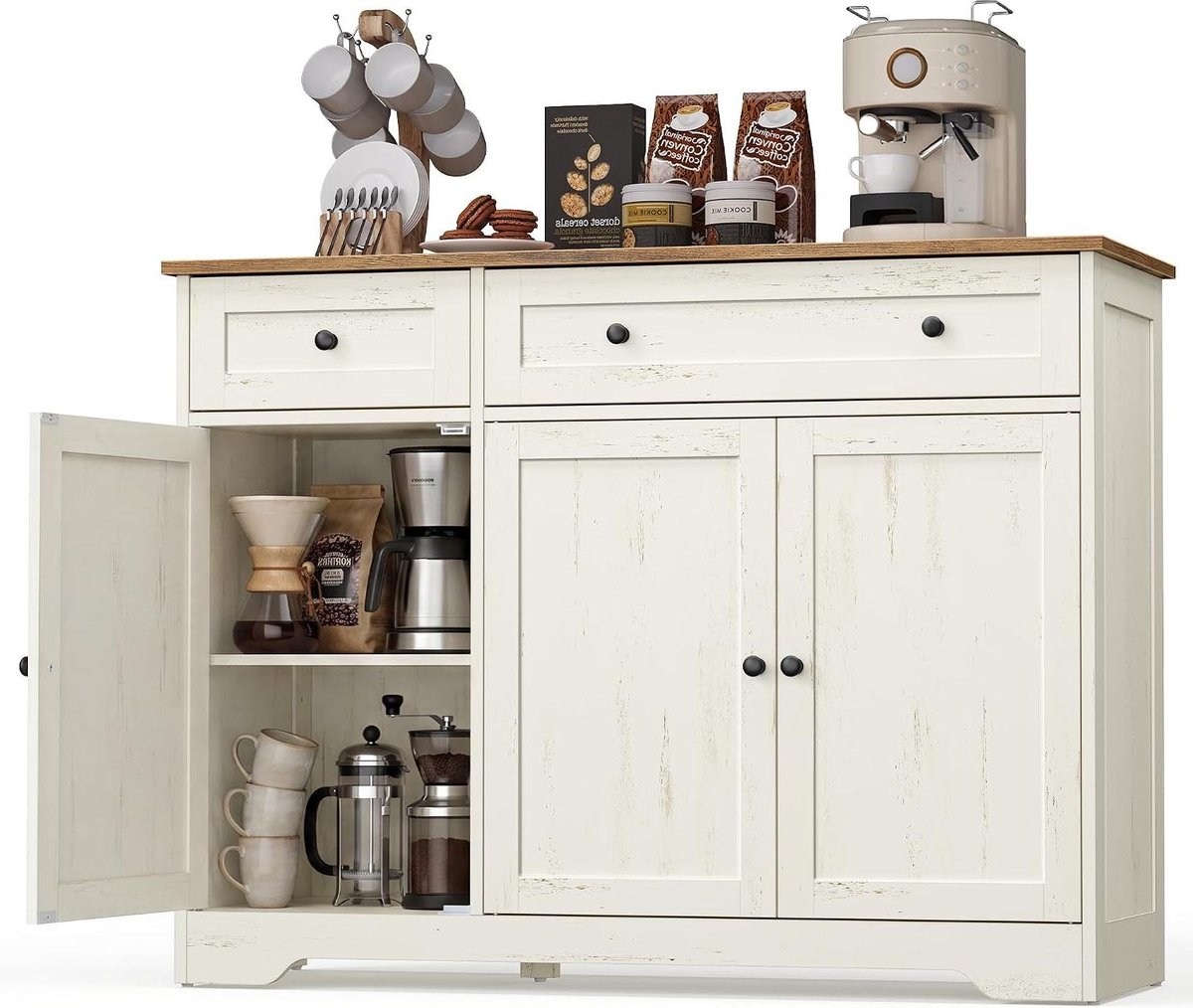 Buffetkast met laden - Dressoir Kast - Keuken Organiseren - Verstelbare planken - 107 x 80 cm - Wit en bruin
