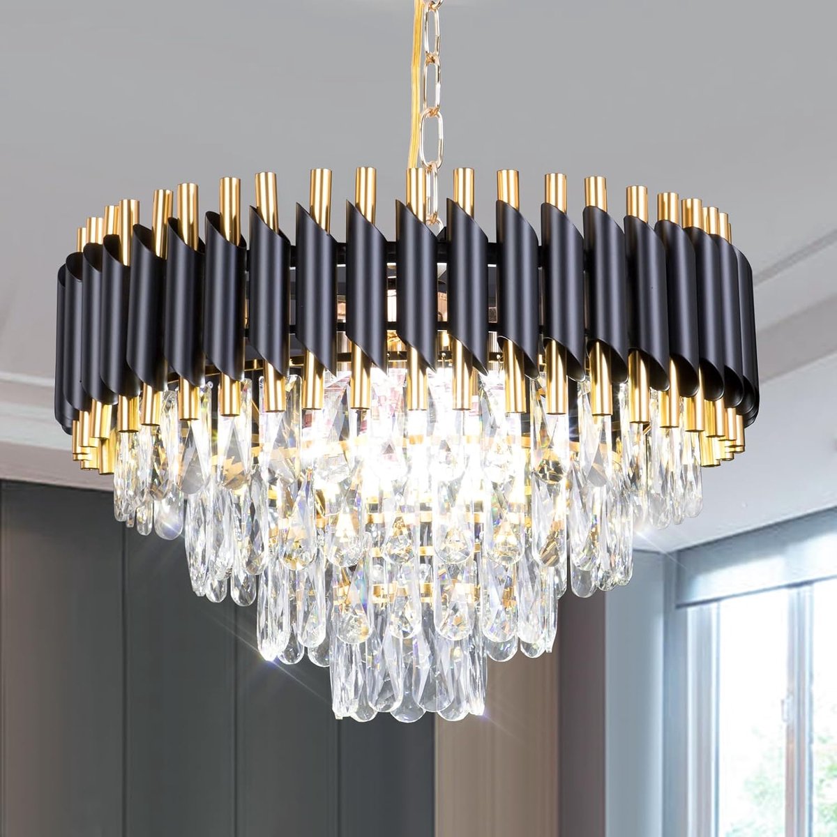 Kroonluchter 20 inch - Zwart LED Kristal - 4 Niveaus Dauwdrupel - Perfect voor Dining Room - ShopVlot