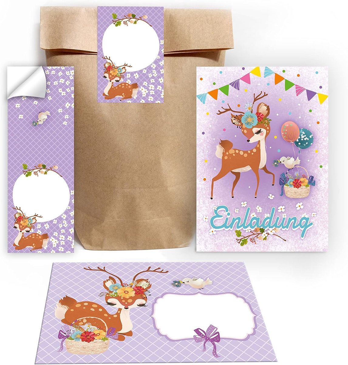 SnelShoppen - 12 Uitnodigingskaarten Kinderfeestje, Verjaardag Meisjes, Hert Thema, Inclusief 12 Enveloppen, 12 Cadeautassen/Natuur, 12 Stickers, 10.5
