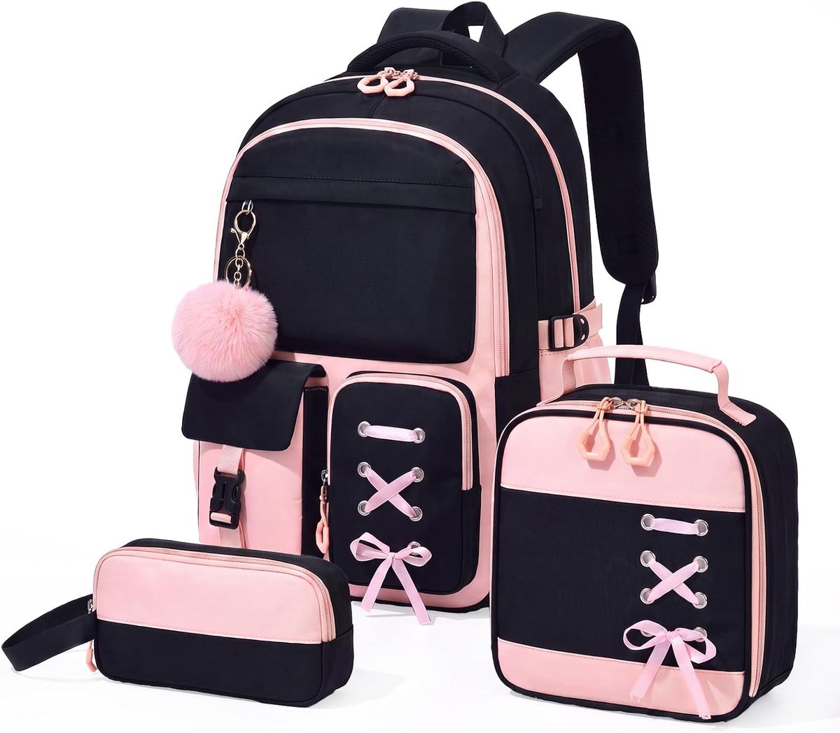 Schoolrugzakset meisjes 3-delig - Zwart Roze - met lunchtas en etui - ideaal voor basisschool en middelbare school - ShopVlot