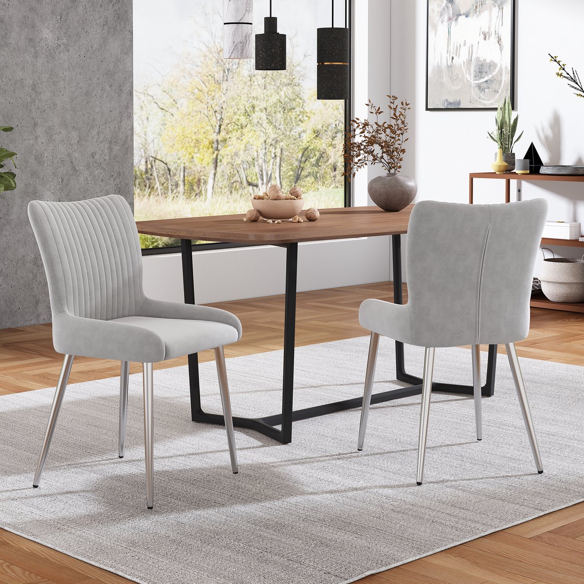 Eetkamerstoel 2-delig 74x58x48 cm - Velvet Stoel Met Metalen Onderstel En Lendensteun Grijs