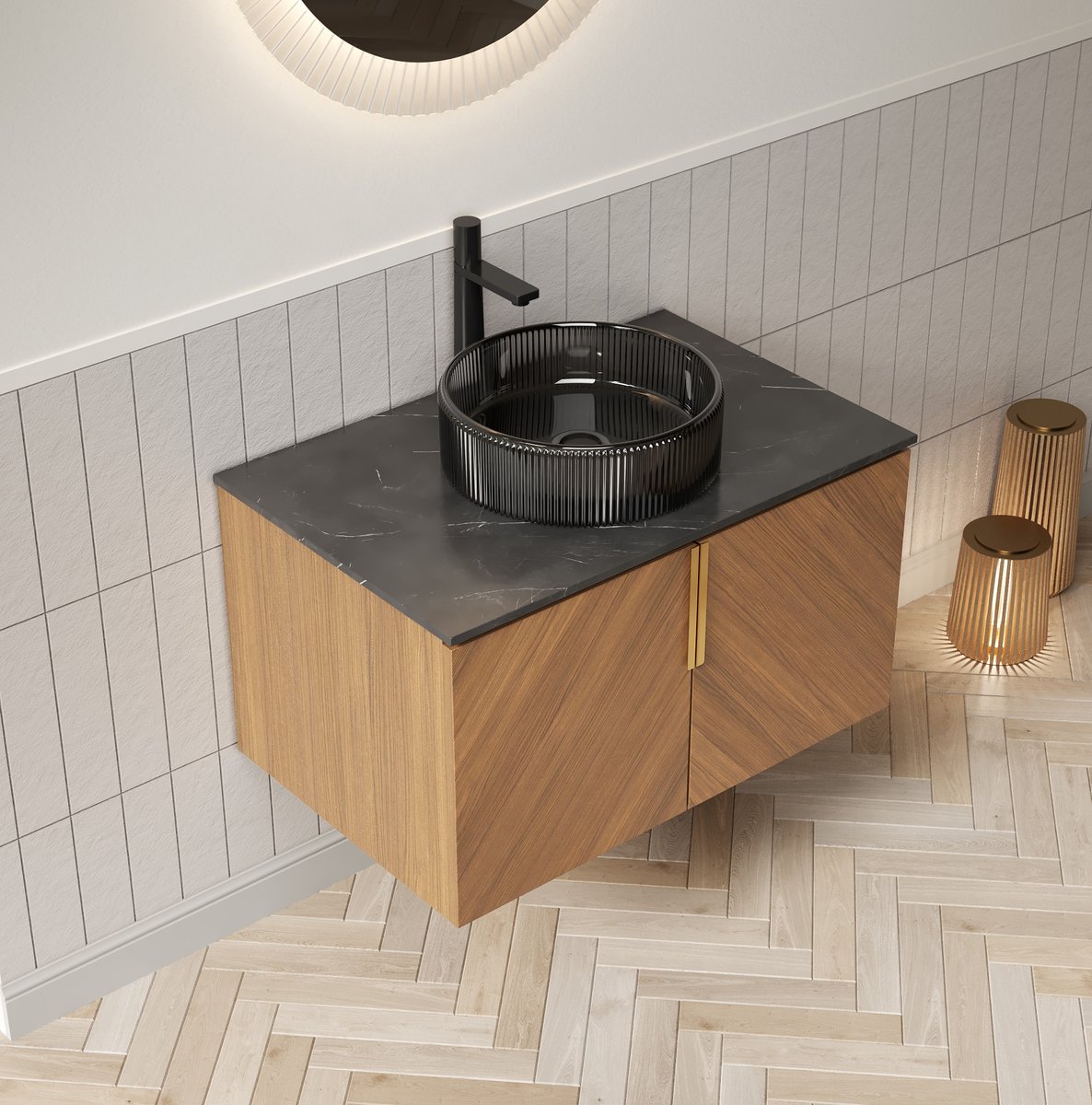 MODENUIT Badkamer Wastafelmeubel - Wandmontage Met Zwarte Glazen Waskom En Sintersteen - 76 Cm - Zwart En Bruin Eiken
