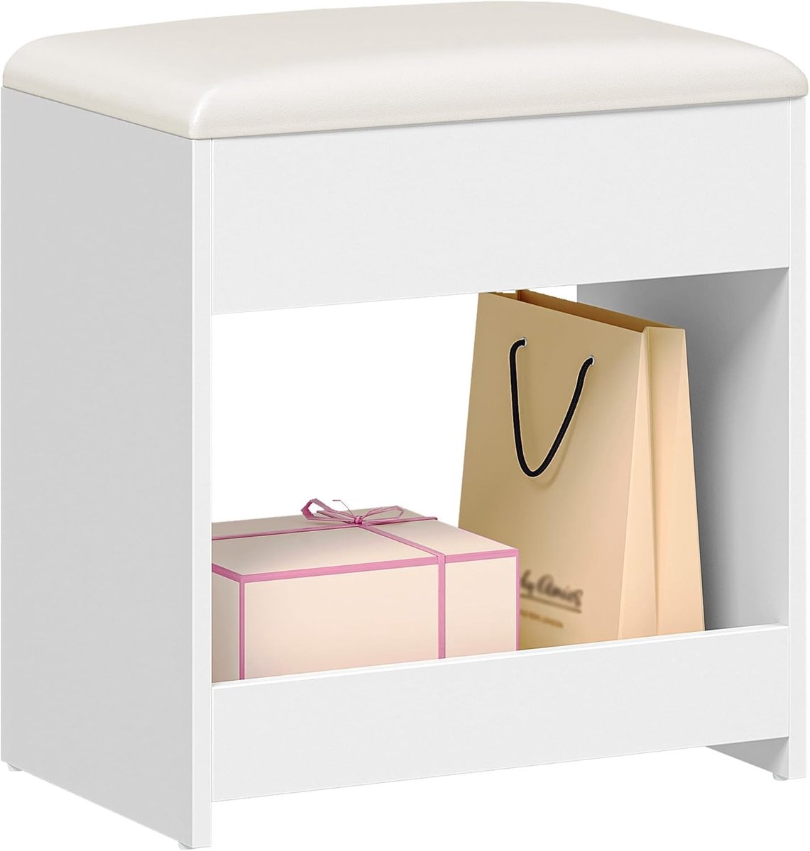 Hzuaneri Kruk kaptafel, kruk gestoffeerd, wit, Comfortabele stoel met antislipvoetkussens, met twee opbergvakken, voor kleedkamer, slaapkamer, entree