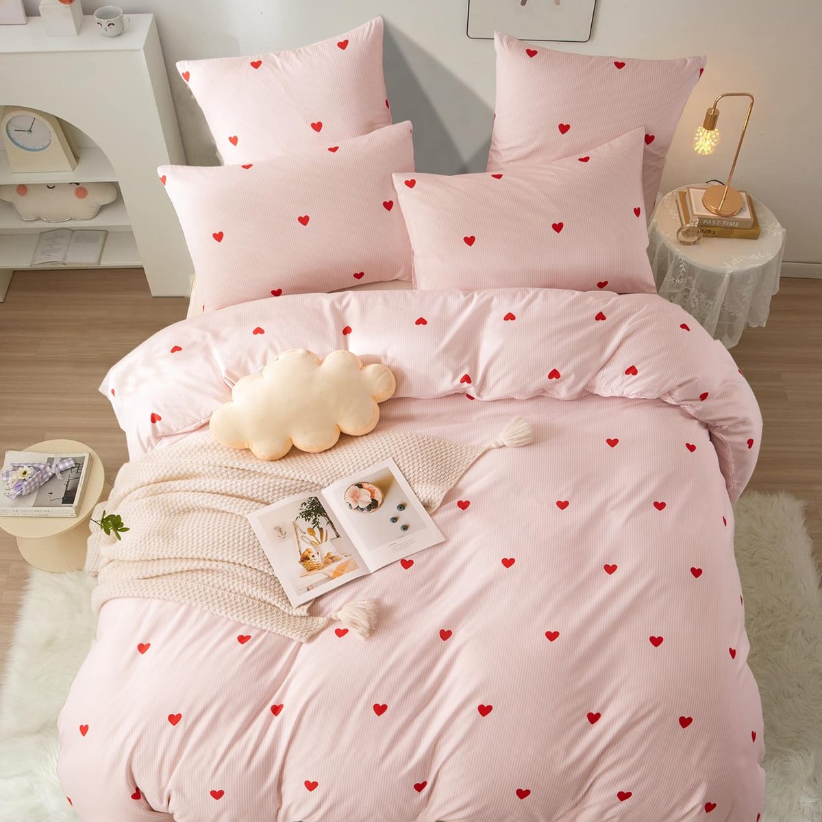 Beddengoed 220 x 240 cm - meisjes roze hartjespatroon - microvezel - dekbedovertrek met ritssluiting - ShopVlot