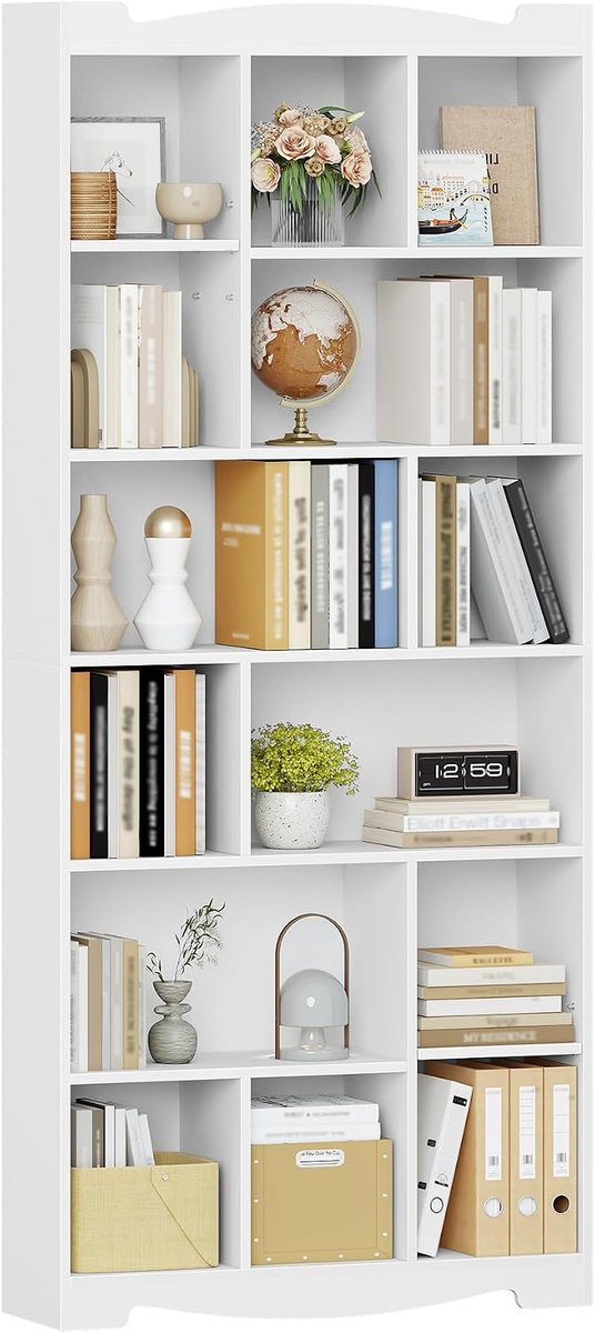 Hzuaneri Boekenkast, vrijstaande kast met 6 niveaus (wit), 182,5 cm