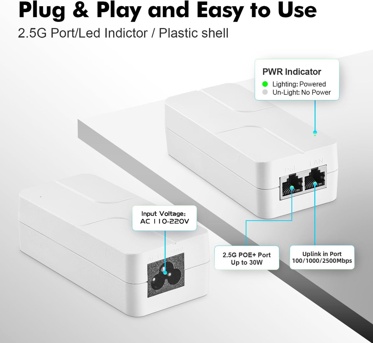 PoE Injector 2.5 Gigabit 30W - Compact en Fanless - Plug and Play met LED Indicator - Ideaal voor WiFi 6 en 4K Camera's - ShopVlot