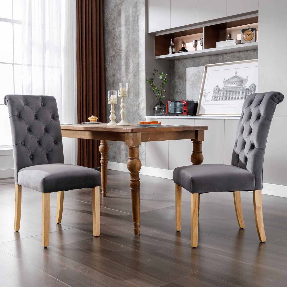 Luxe Velvet Eetkamerstoel Set Van 4 - Grijze Stoel Met Eikenhouten Poten En Gecapitonneerde Rugleuning - Moderne Stoel