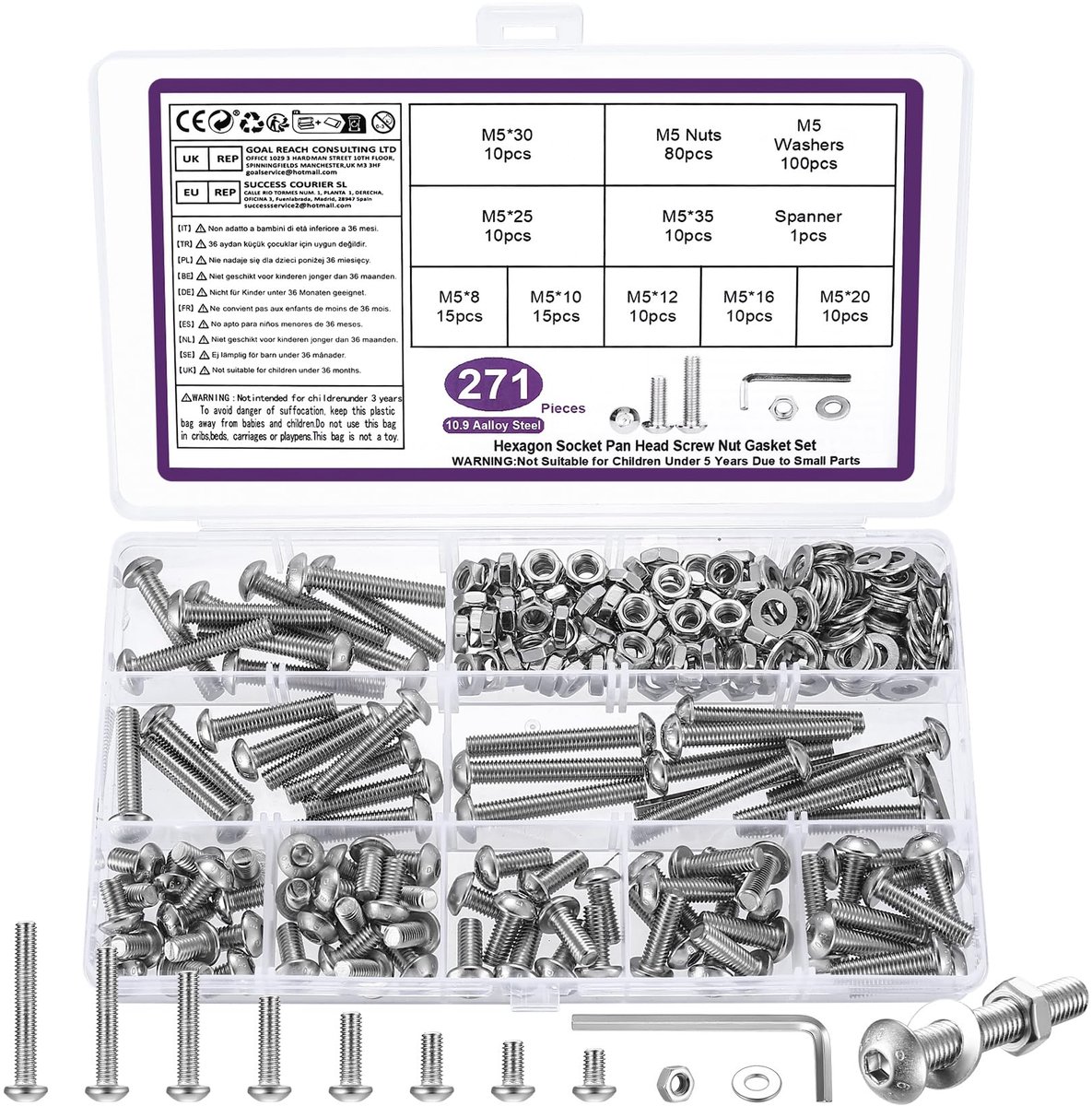 M5 schroevenset 271 stuks - inbusschroeven en moeren - lenskop en ringen - veelzijdige assortimentsset - ShopVlot
