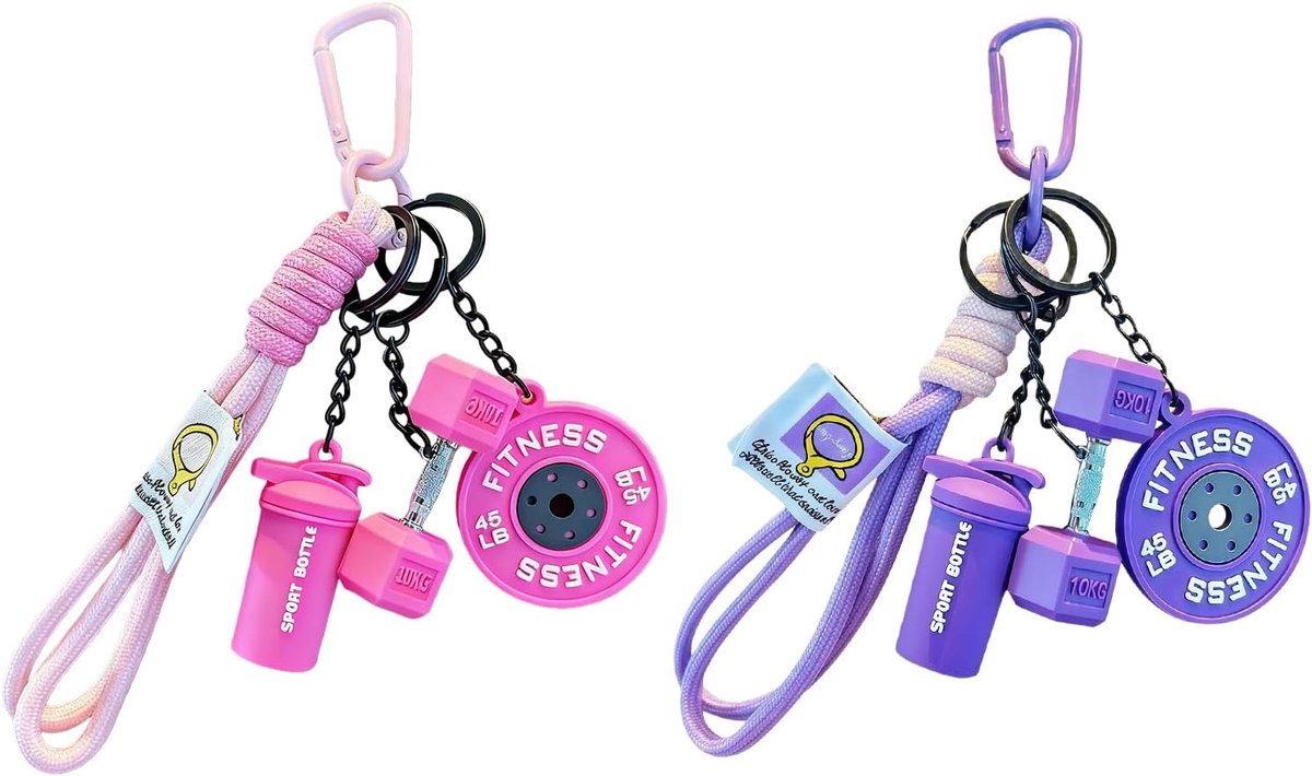 Fitness sleutelhanger met dumbbell - 2 stuks - roze paars - sportieve tas hanger voor fitnessliefhebbers - SnelShoppen