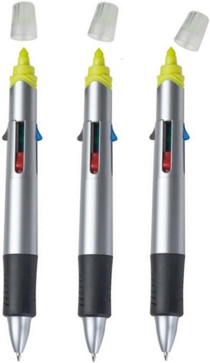 4-kleur balpen met markeerstiften - ergonomisch - set van 3 - veelzijdig gebruik - SnelShoppen