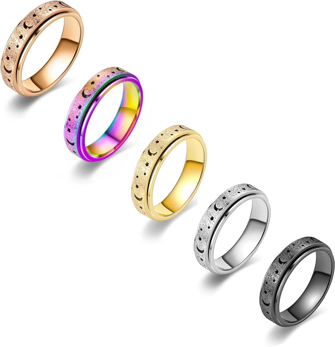 Anti-stressringen pack van 5 - titanium staal - maan ster zandblasted - vermindert angst en stress - SnelShoppen