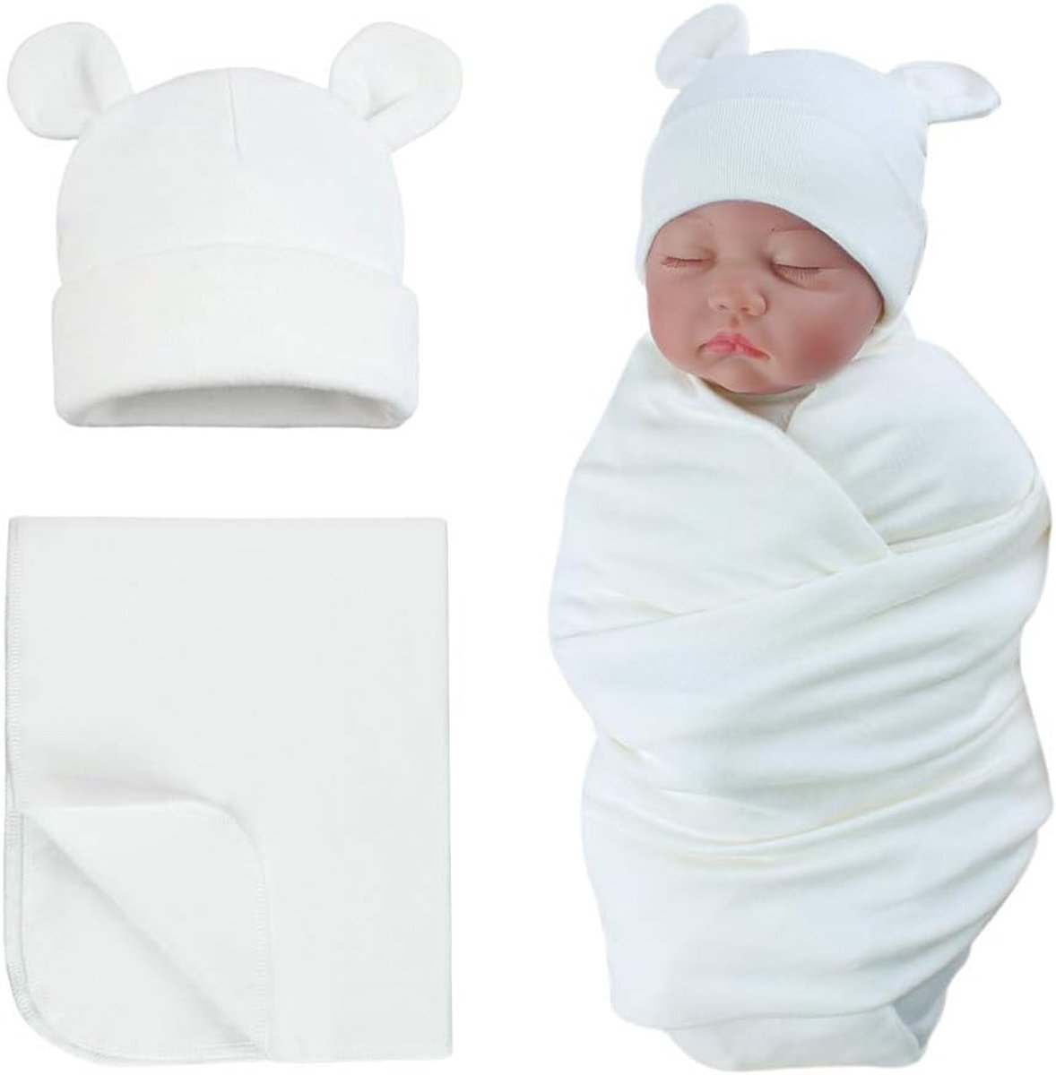 Katoenen Wikkeldeken met Schattige Babybeer Hoed - Wit - Perfect voor Newborns - Ideaal voor Comfort en Warmte - SnelShoppen