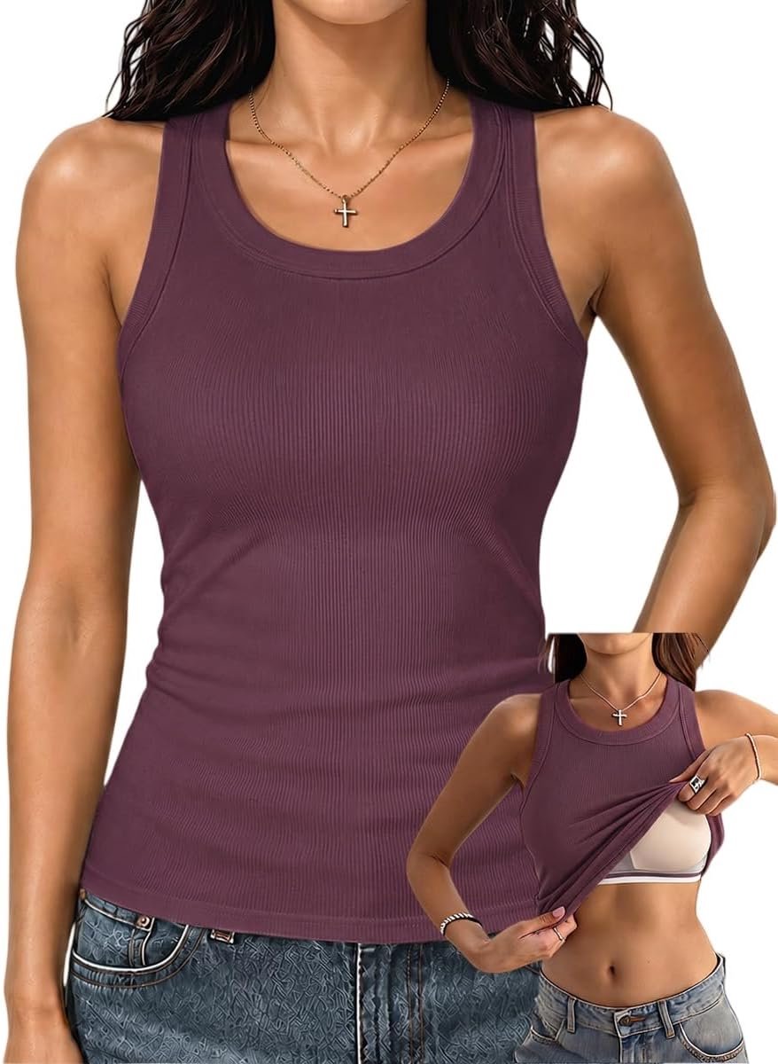 Racerback-tanktops met ingebouwde beha voor vrouwen, geribbelde basics met hoge hals, getailleerde lange beha-tanks