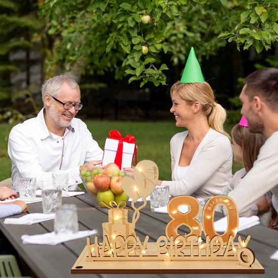 80 jaar geschenken, geldgeschenk verjaardag 80 met LED-lichtsnoer, 80e verjaardag, decoratie, wenskaart voor 80e verjaardag, gastenboek gemaakt van hout, cadeaus voor 80e verjaardag heren dames — afbeelding 4