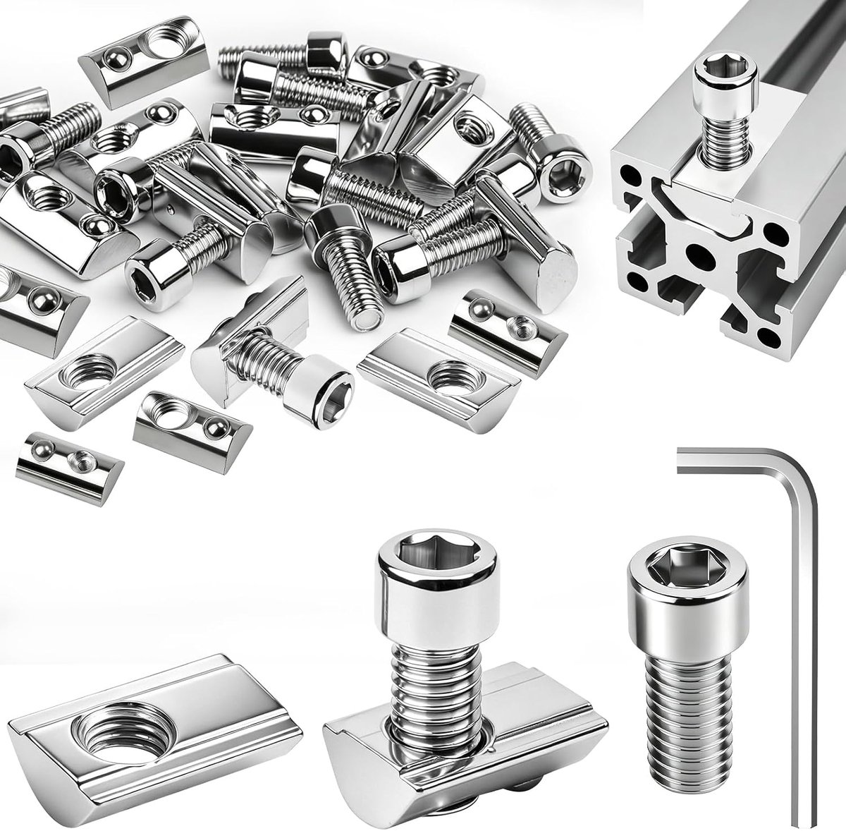 60 stuks groefstenen M3 groef 8 30-serie M3 groefstenen koolstofstaal glijmoer met veerbal voor aluminium profiel 3D-printer CNC met 60 stuks M3 x 12 schroeven en 1 inbussleutel