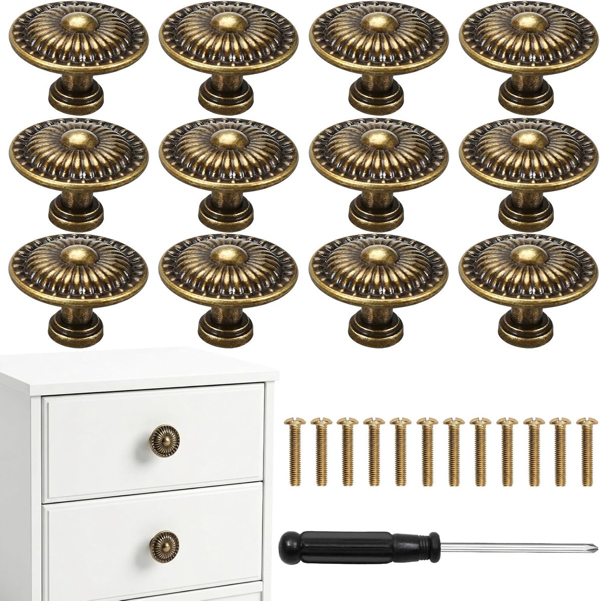 12 stuks kastknoppen, meubelknoppen, vintage, 30 mm, rond, met schroeven en schroevendraaier, retro meubelgrepen voor kasten, commodes, laden (brons)