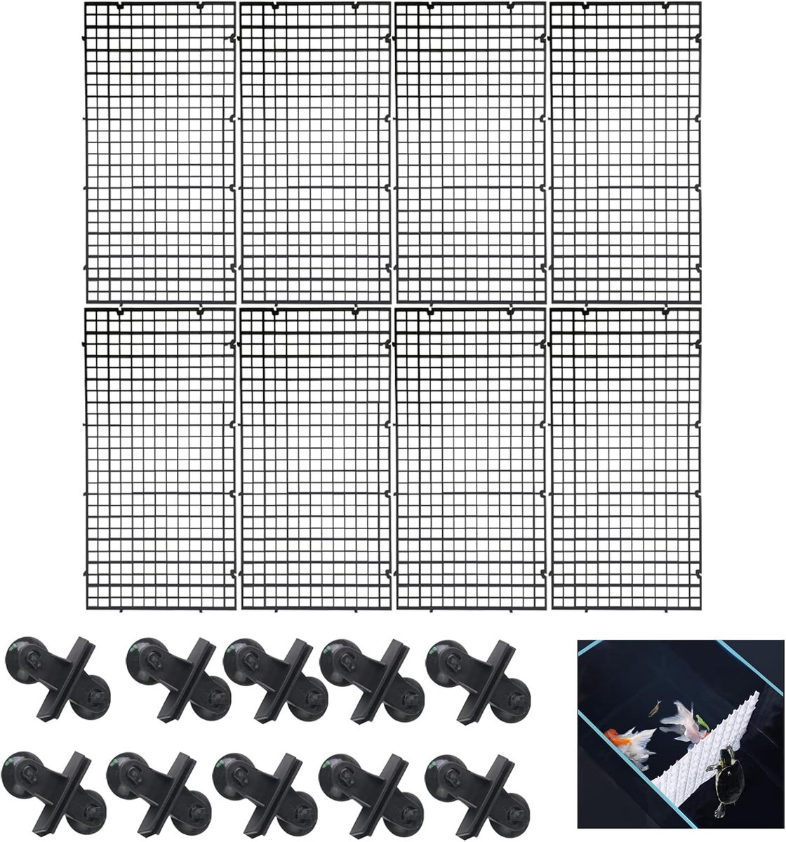 8 stuks aquarium verdeler, aquarium filterrooster met zuignappen | Kunststof aquariumscheidingsplaat voor aquariums, filtratie scheidingsbak met 10 zuignapclips, 30 x 15 cm