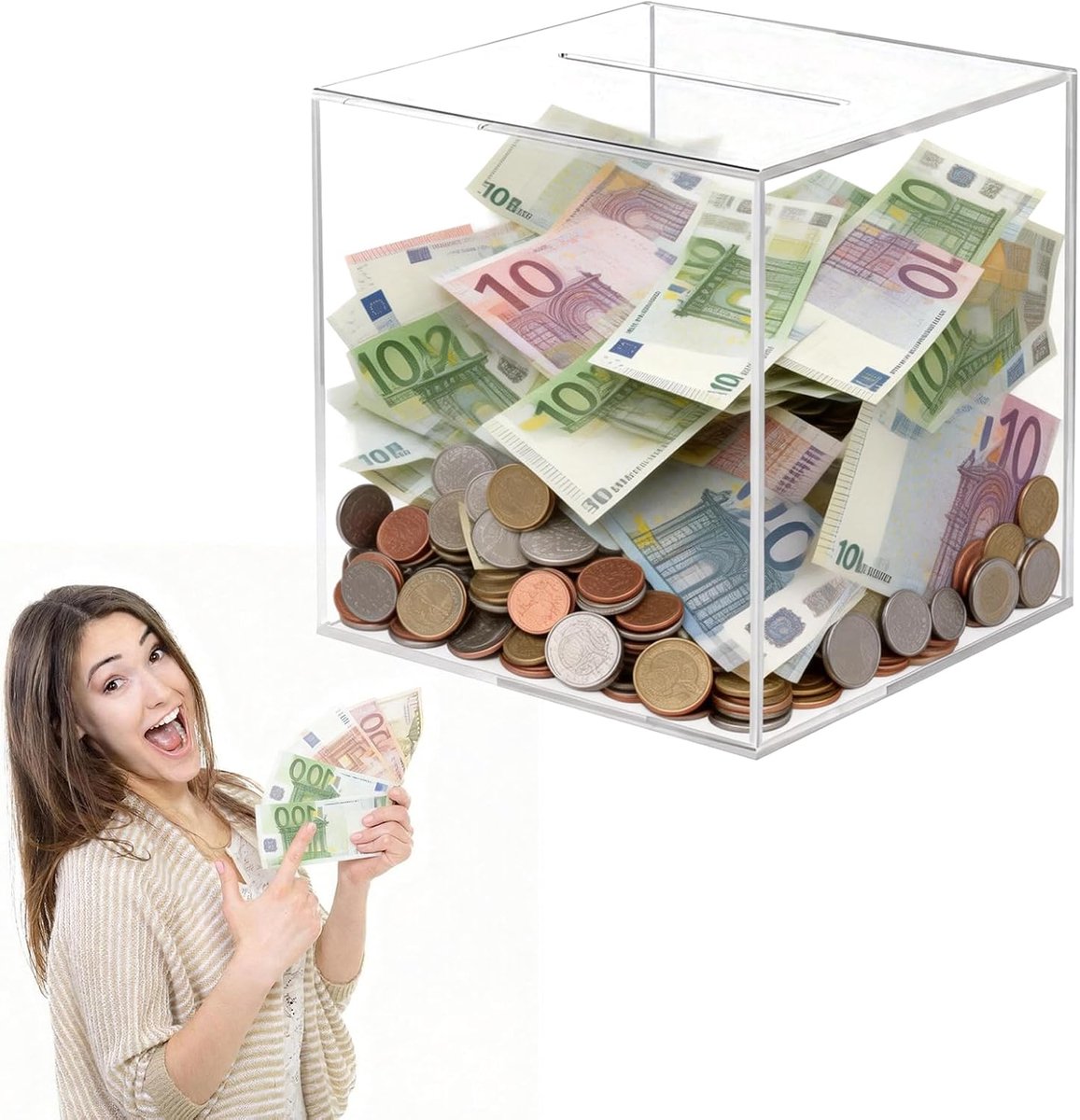 Acryl spaarpot niet te openen, spaarpot transparant, 12 × 12 × 12 cm, vierkante spaarpotten acryl transparant, spaarpotten, alleen stortingen van geld voor commentaarbox, actiebox