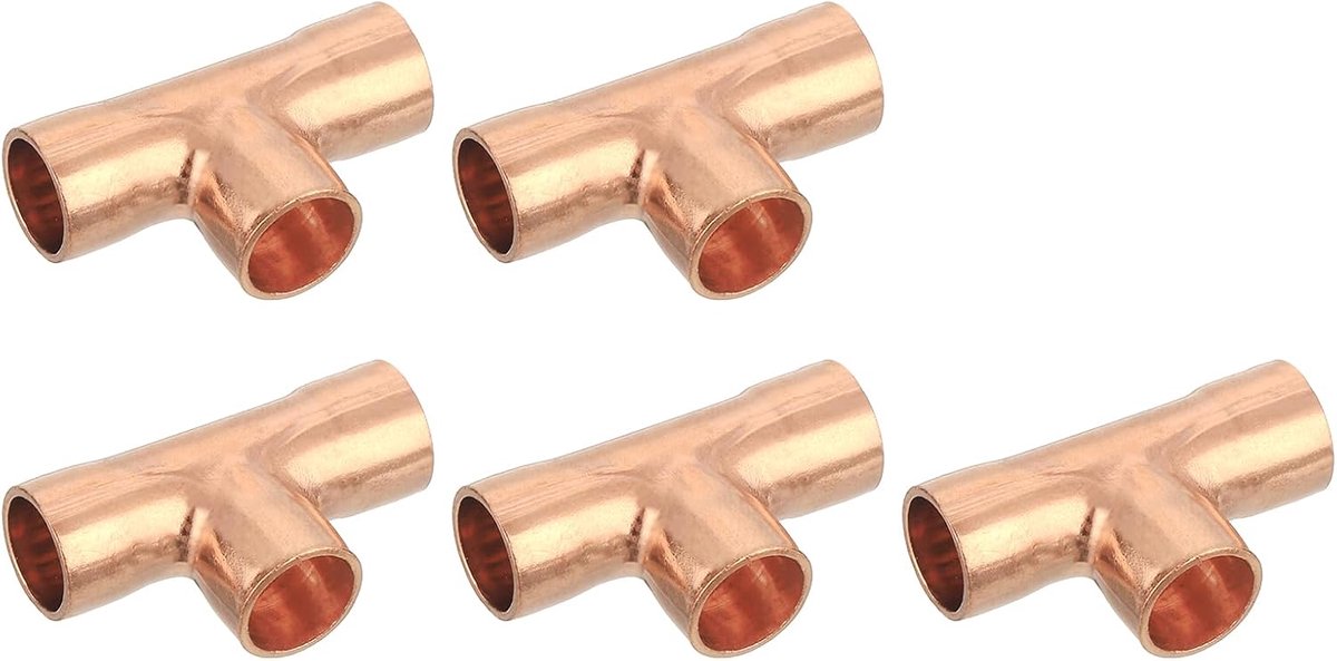 5 stuks 0,31 inch koperen T-stuk, met soldeeraansluiting voor hydraulische installaties, 28 x 17 mm