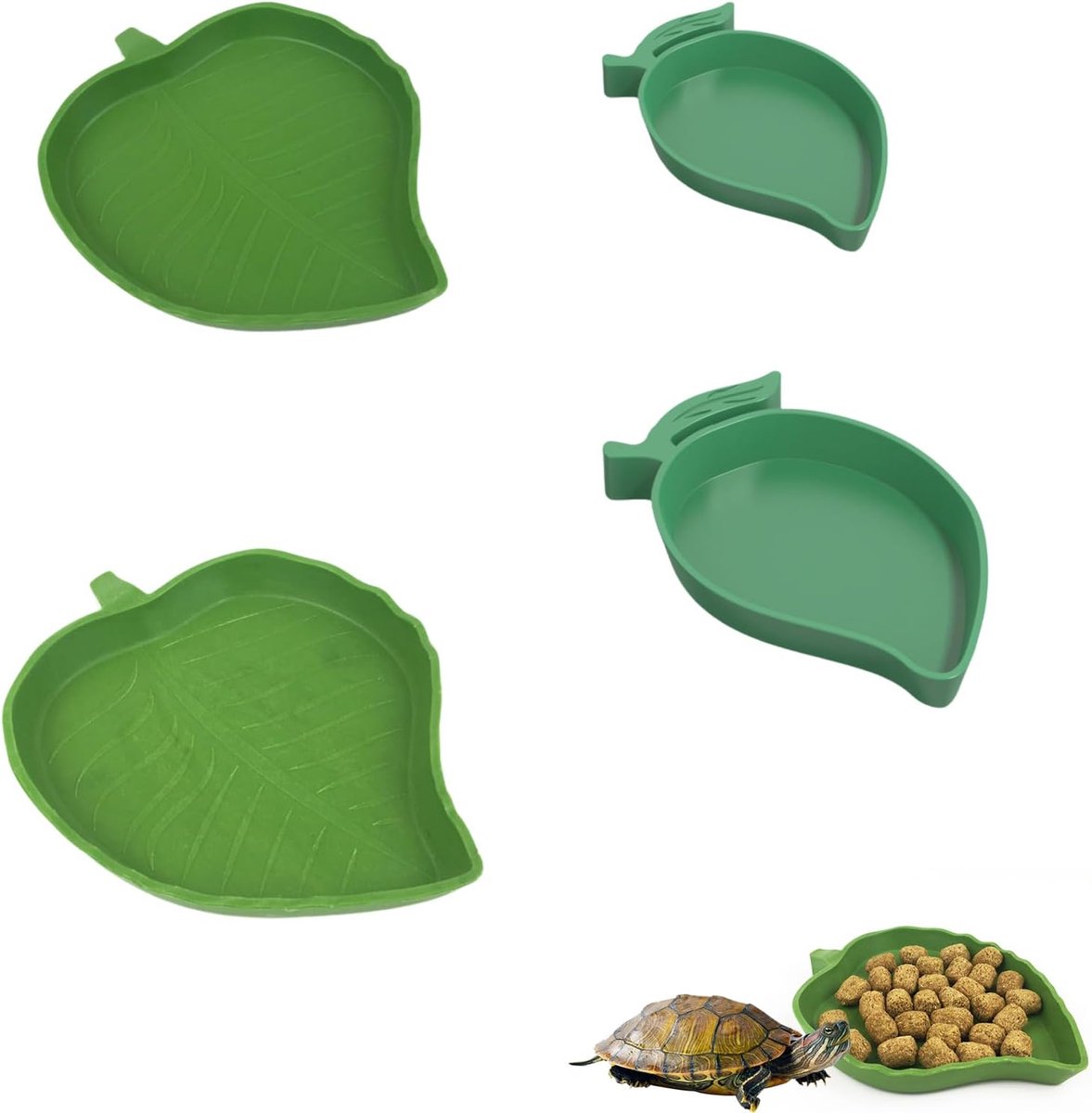 Waterschaal 4 stuks – voederschaal set voor schildpadden, hagedissen, gekko’s – kunststof voerbakjes in blad- en mangovorm, groot en klein formaat voor terrarium gebruik