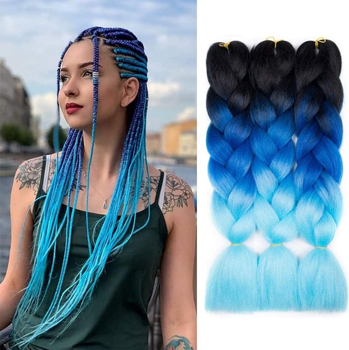 Vlechten Haar 24 inch Jumbo Vlechten Hoge Temperatuur Vezel Synthetische Haarverlenging 3 stks/partij 100 g/st voor Twist Vlechten Haar (Zwart-Donkerblauw - Lichtblauw)