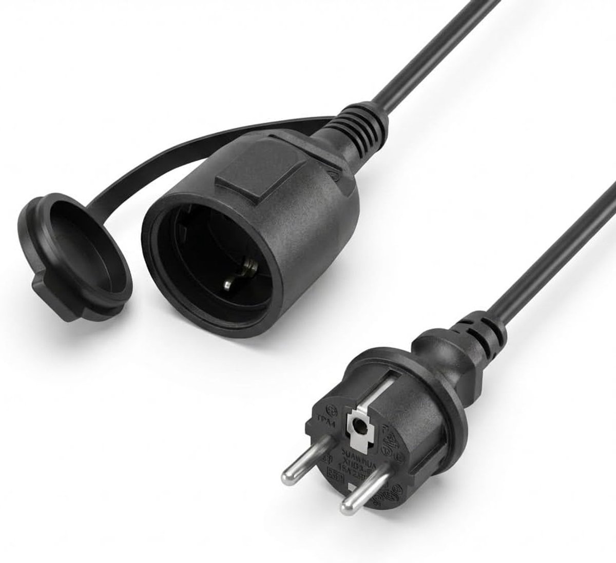Rubberen verlengkabel - 5 m kabel met geaarde stekker, geaarde contactkoppeling incl. beschermkap - 230 V / 16 A verlengkabel - IP44 (10M)