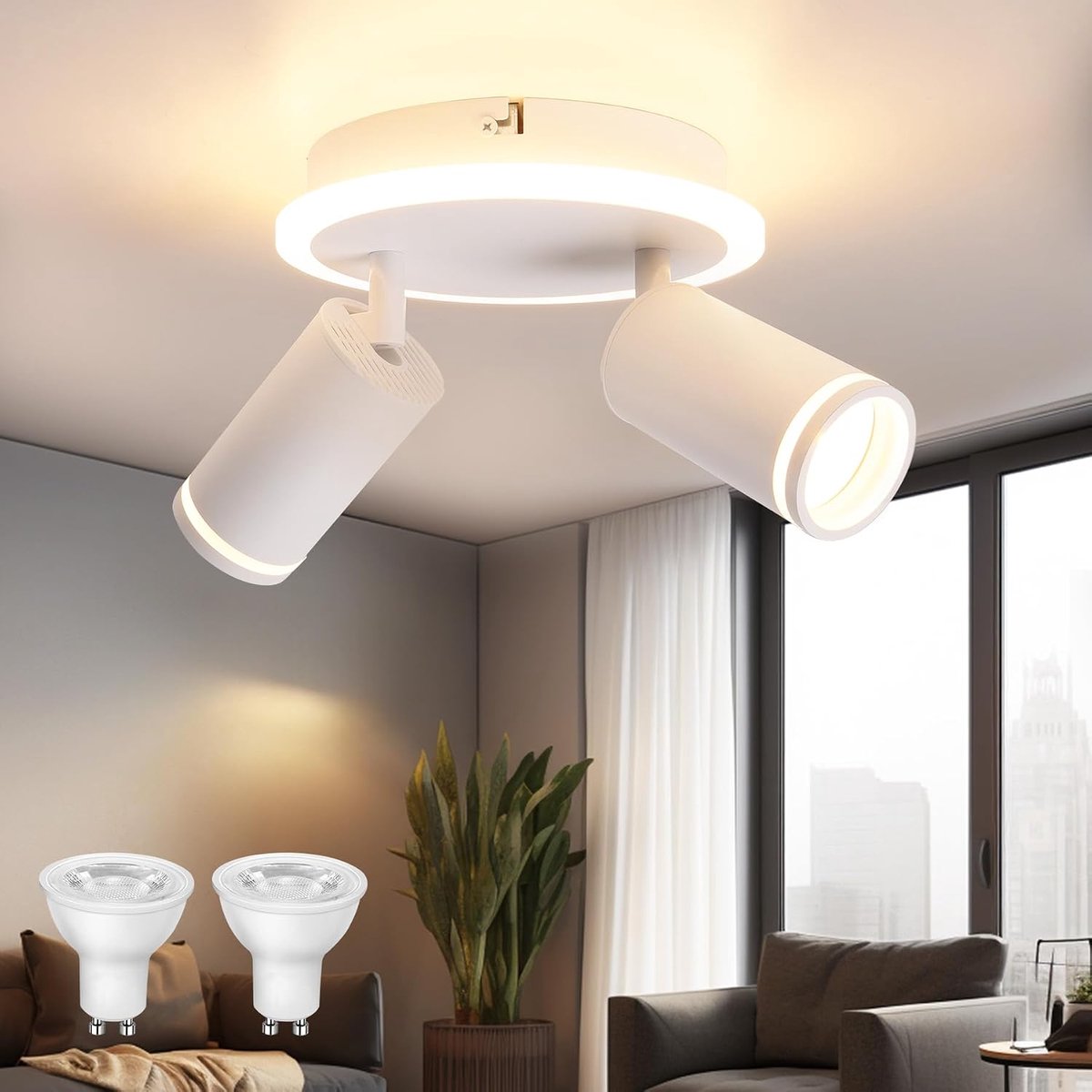 wit, 2-lichts, draaibaar, 350 graden, ronde plafondverlichting, met onderste gloed, 6 W + 2 x 5 W, GU10, lamp, keuken, spots, plafondlamp, 3000 K, warmwit, plafondlamp voor hal
