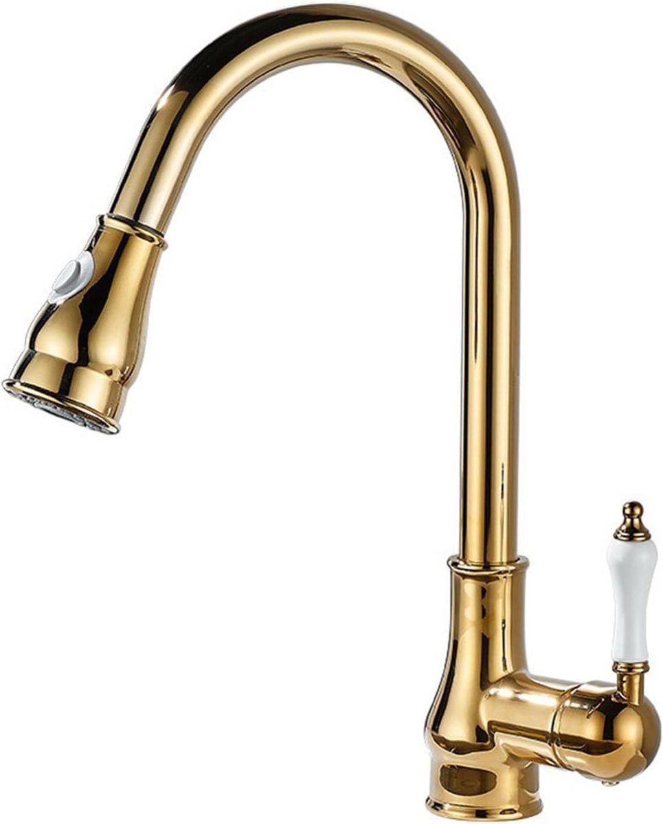 Keukenkranen in Retro Vintage Stijl met Uittrekbare Douchekraan Keuken 1 Gat Draaibare Uitloop Enkele Handgreep Keukenkraan Kraan Keuken Warm en Koud Gouden Mengkraan Keuken