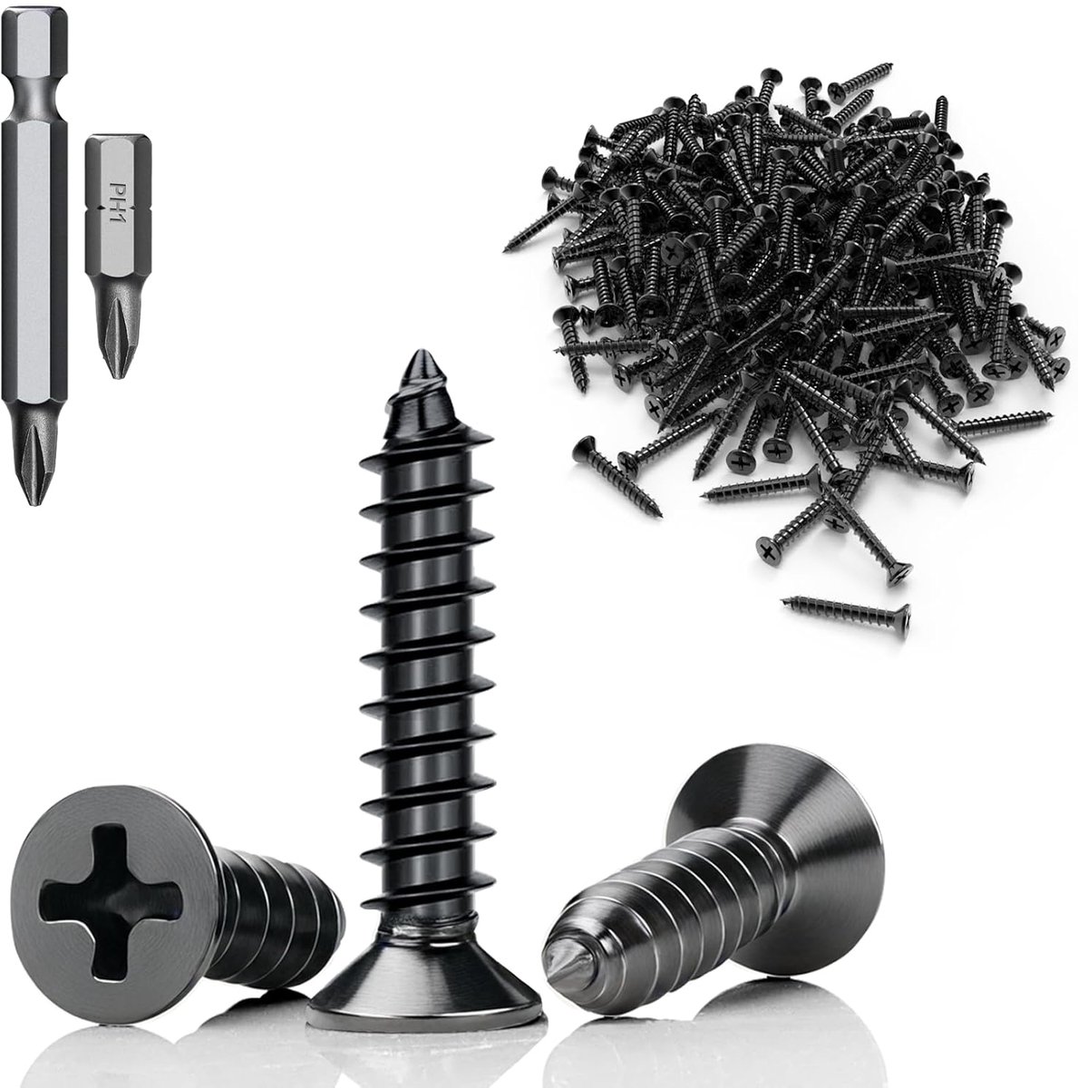 60 stuks zelftappende schroeven, zwart, M4 x 16 mm, schroeven, zwart, platte kop, roestvrij staal, 304 houtschroeven, screws, volledige schroefdraad met schroevendraaier, bit voor houten