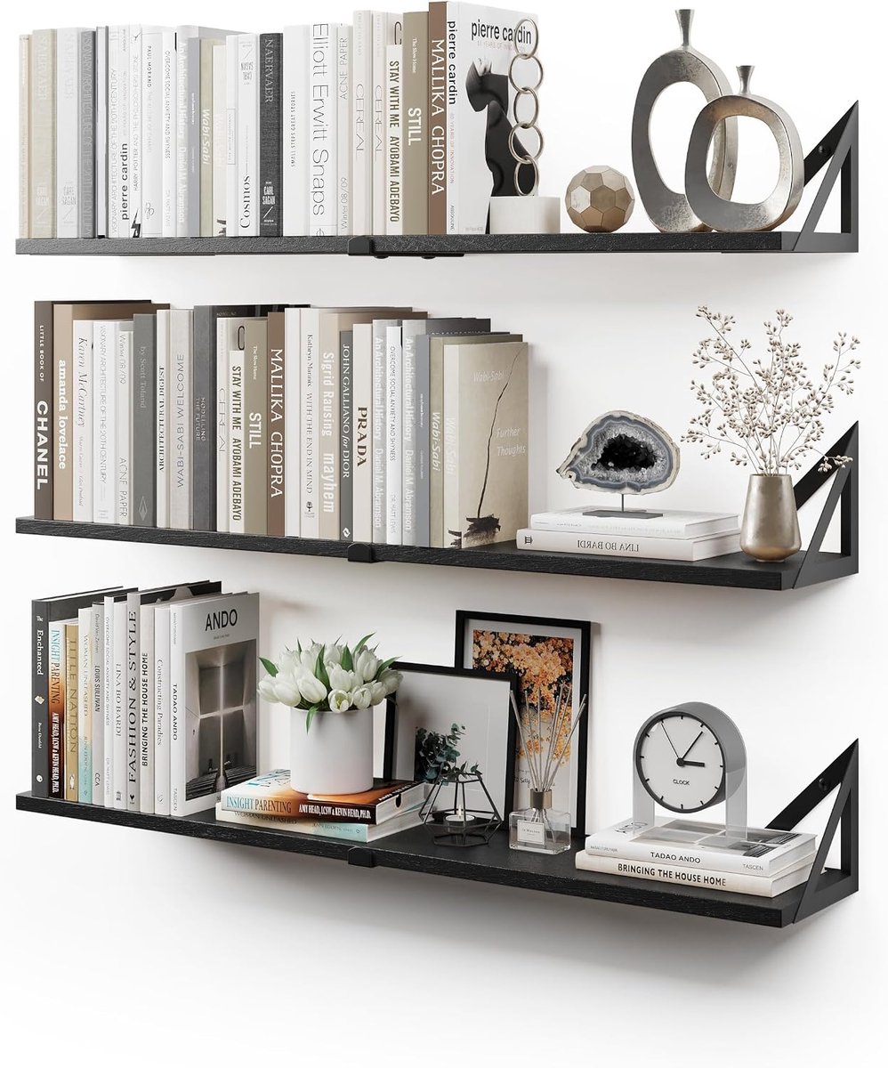 Zwevende Boekplanken voor Muur Set van 3, Plank Boekenkast voor Slaapkamer, Woonkamer, Kantoor, Badkamer, Keuken Rustiek Hout met Metalen Beugel (Groot Zwart)