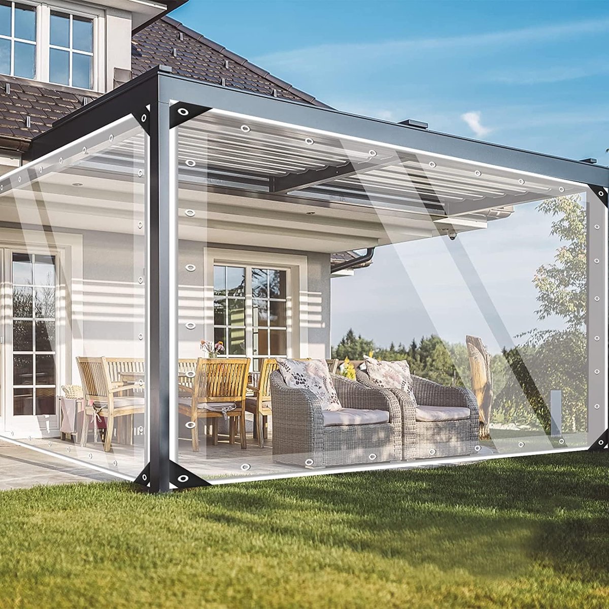 Dekzeil, 4 m x 6 m, waterdicht, zwaar belastbaar, dik pvc, 420 g/m², transparant zeil met oogjes en touw, plastic afdekking, uv-bescherming, doorzichtig zeil voor tuin, tuinhuisje, camping