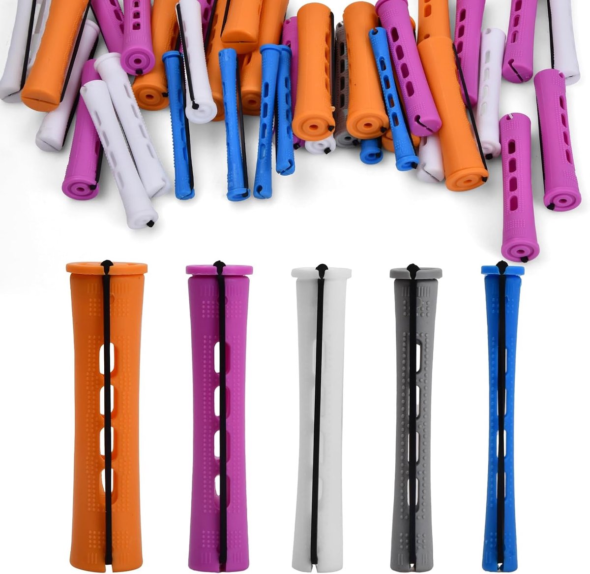 50 stuks, antislip, kunststof, koudegolfstangen voor dames, mannen en kinderen, permanent, stangen met elastische band voor lang haar, kappersgereedschap